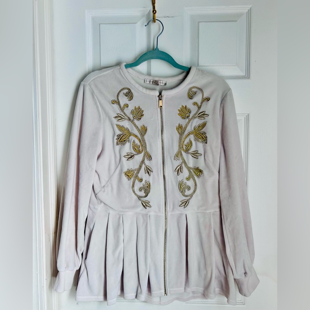 Boston Proper Cream Velour Gold Floral Embroidered Peplum Zip Up Jacket | M